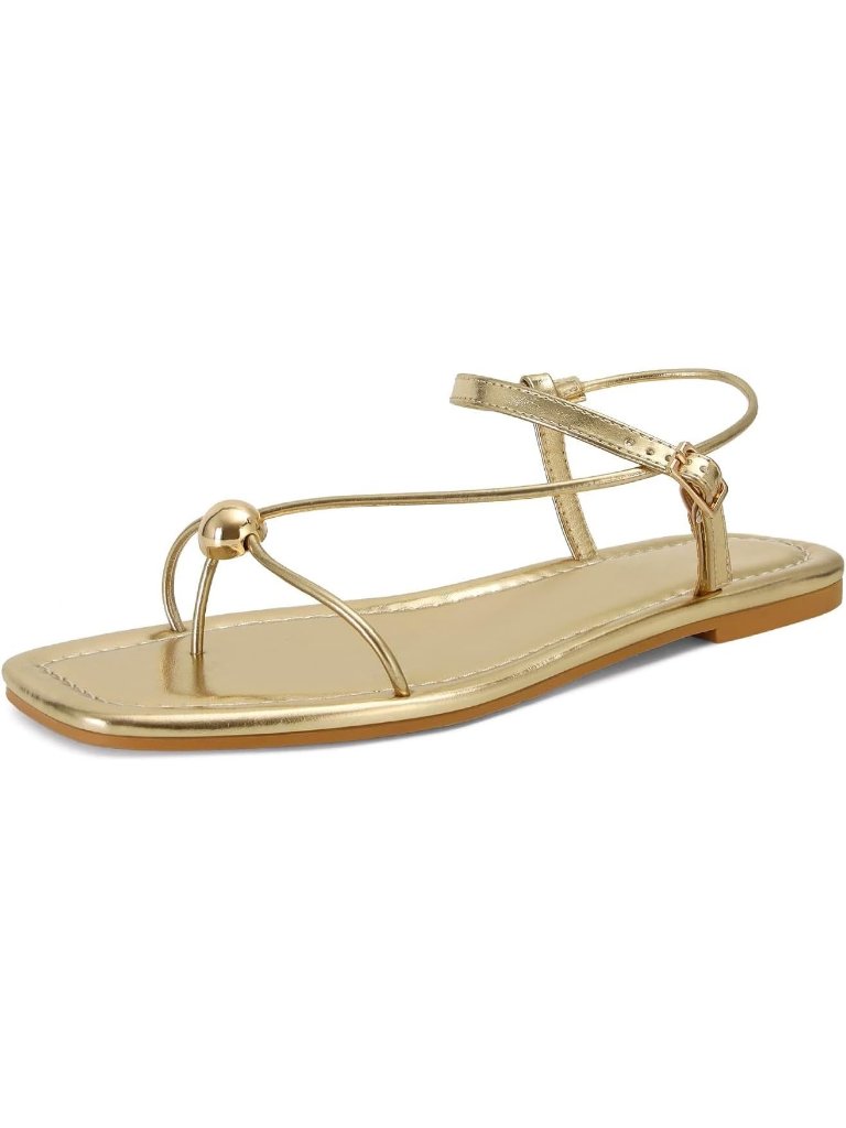 Women's Gold Faux Leather Comfortable Open Square Toe Strappy Thong Slide Sandal